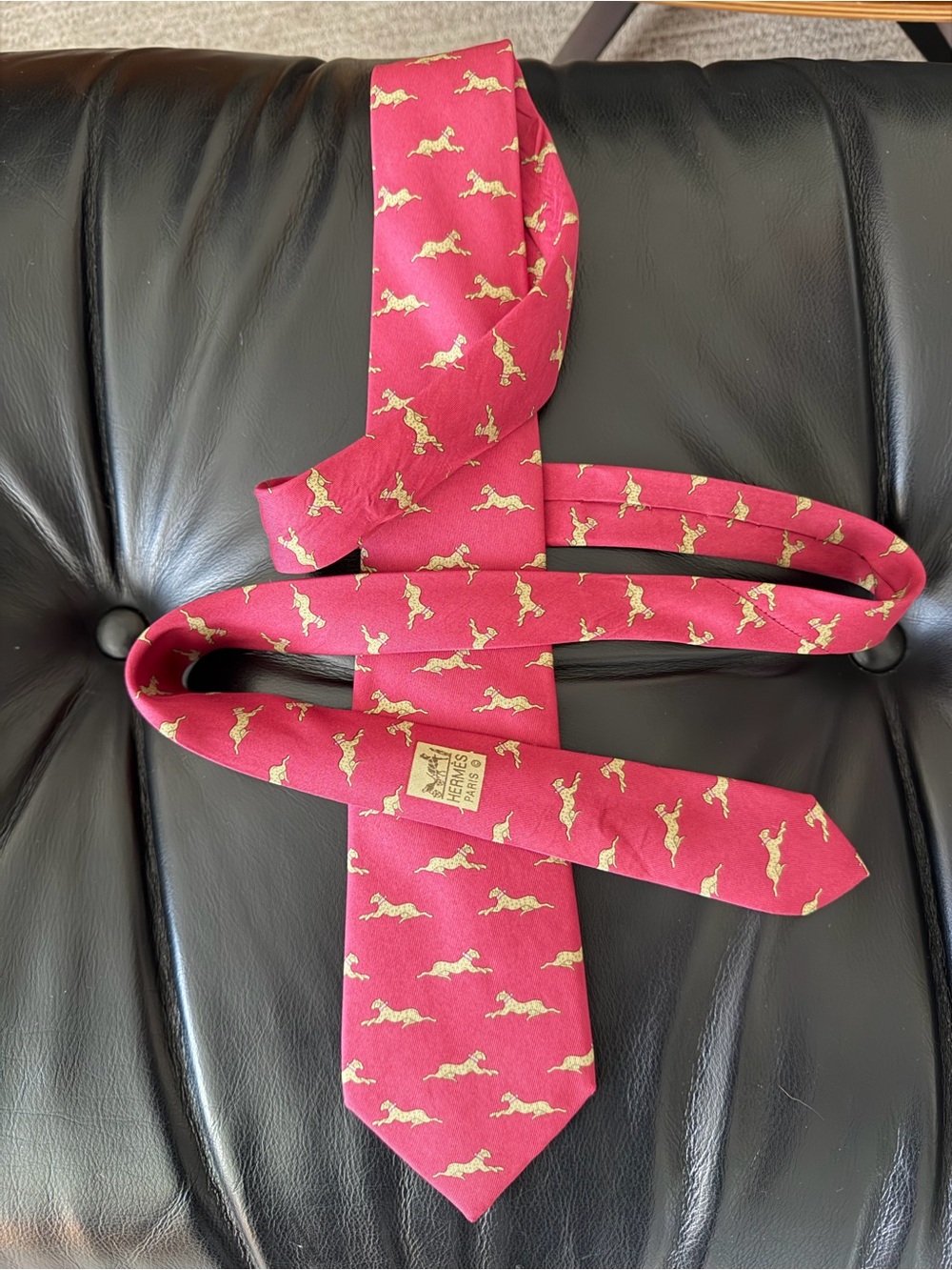 Hermes Red Silk Tie with Gold Animal Print